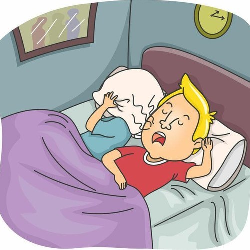 Cartoon illustration of two children in bed at night — one child is snoring with mouth open while the other covers their ears.